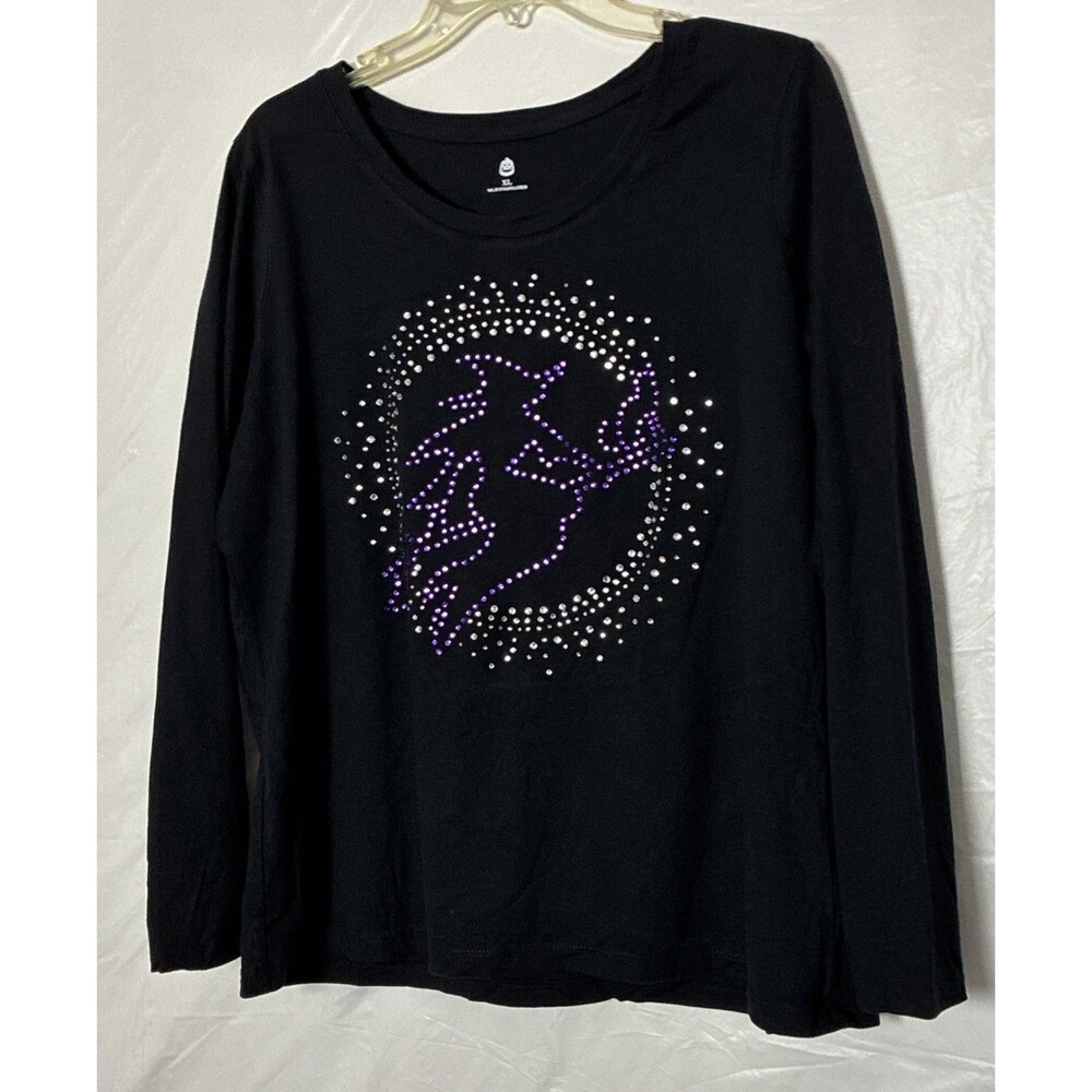 VTG Celebrate Halloween Rhinestone Witch Top Black Long Sleeve McBling Whimsy XL
